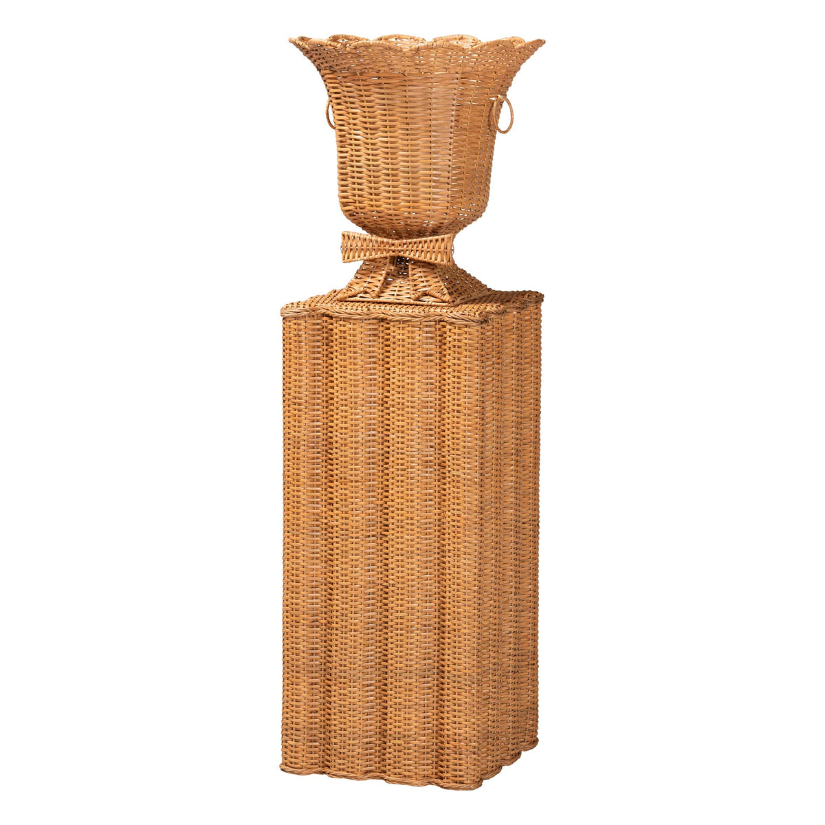 Chie Natural Rattan Urn and Pedestal Set with Scalloped Edge Detail, Light Honey