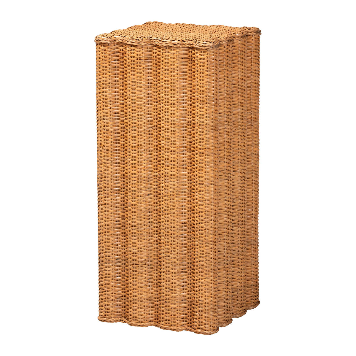 Chie Natural Rattan Urn and Pedestal Set with Scalloped Edge Detail, Light Honey