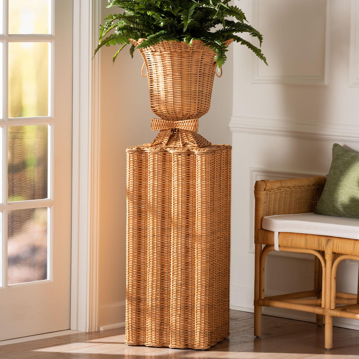 Chie Natural Rattan Urn and Pedestal Set with Scalloped Edge Detail, Light Honey