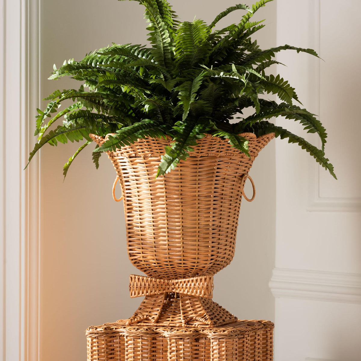 Chie Natural Rattan Urn with Scalloped Edge Detail, Light Honey