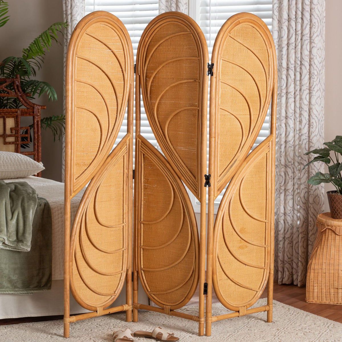 Kiyoko Natural Rattan Room Divider - Handwoven Wicker Tri-Fold Decorative Privacy Screen with Woven Leaf Motif