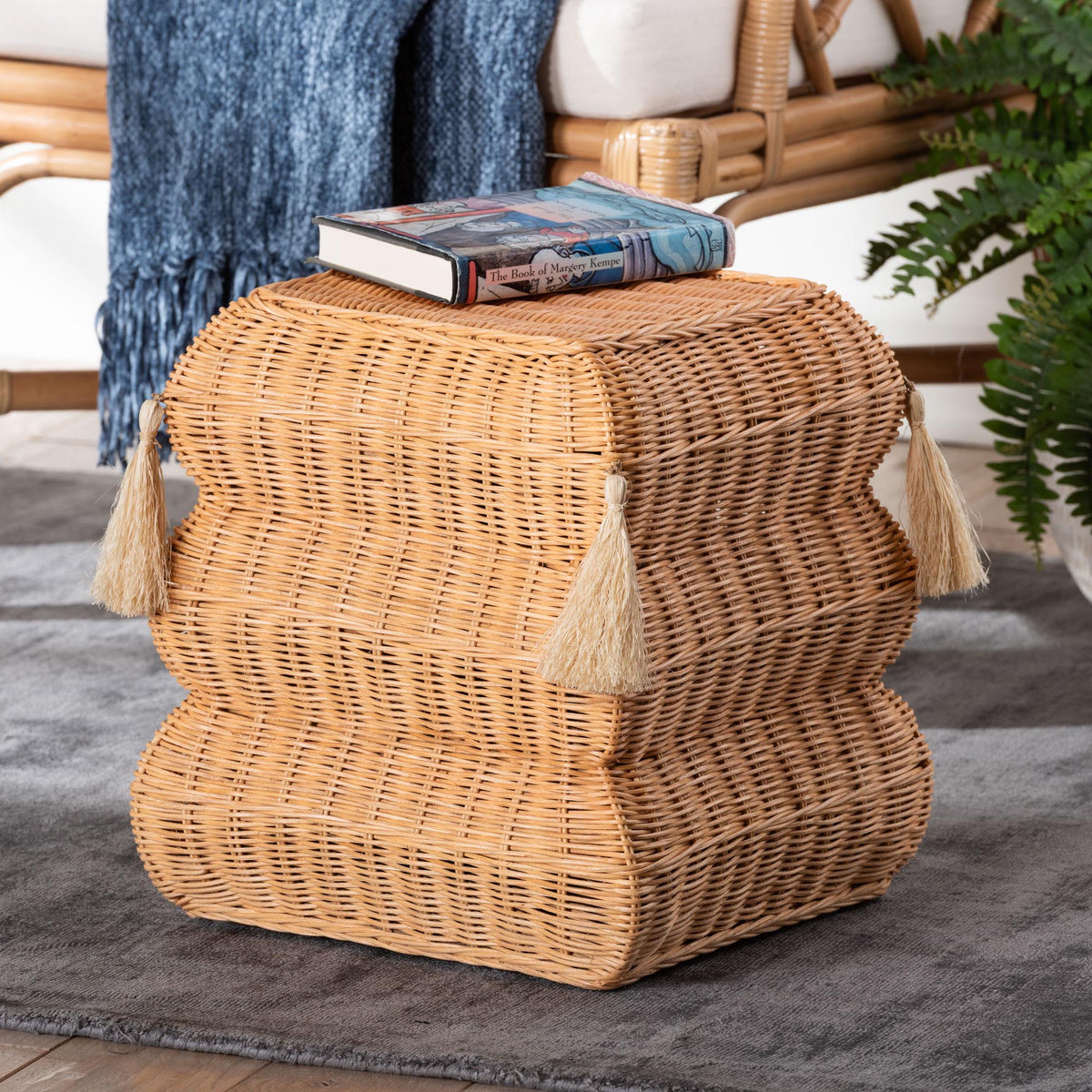 Noura Natural Rattan Footstool with Tassel Accents