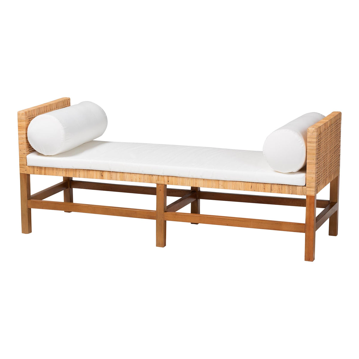 Vivan Natural Rattan Bench - Handwoven Wicker Accent Seating with Cushion and Pillows, Backless