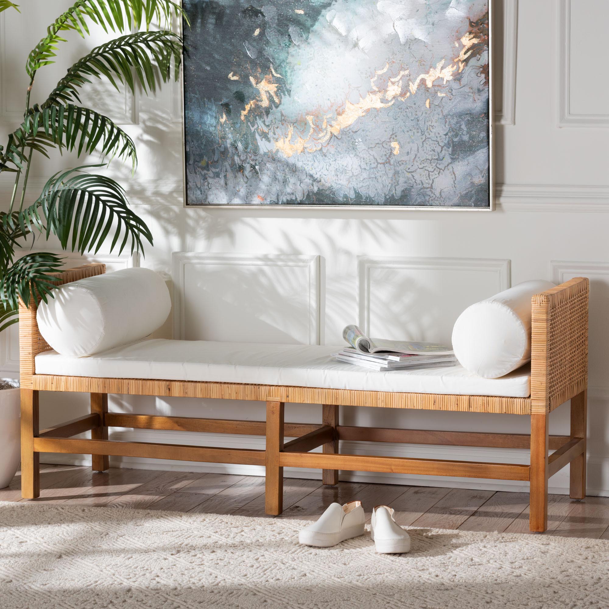 Vivan Natural Rattan Bench - Handwoven Wicker Accent Seating with Cushion and Pillows, Backless