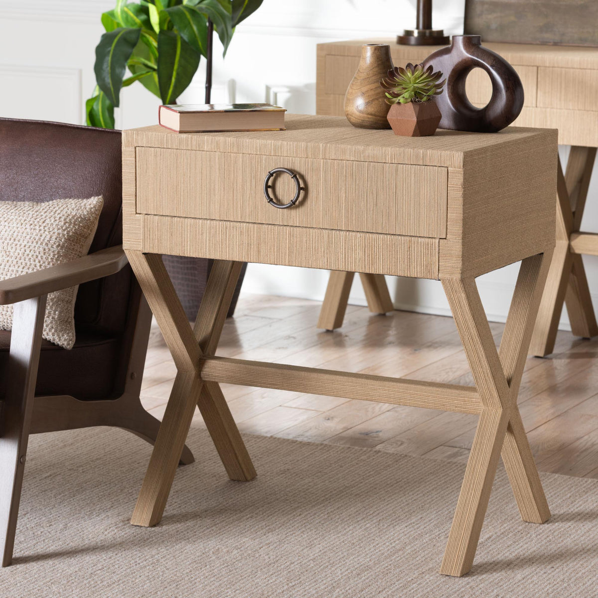 Hilliard Woven Grasscloth 1-Drawer End Table, Natural Brown