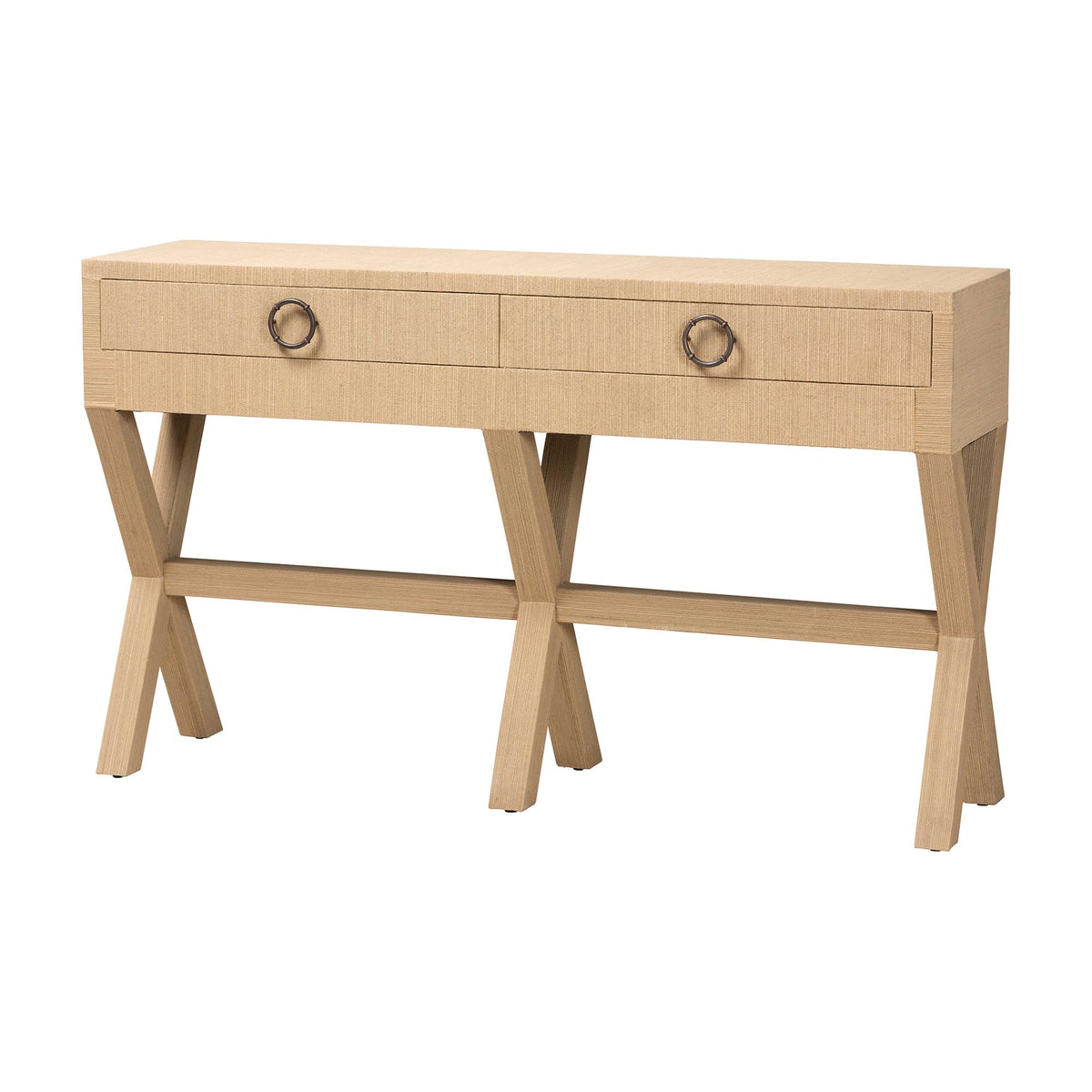 Hilliard Woven Grasscloth 2-Drawer Console Table, Natural Brown