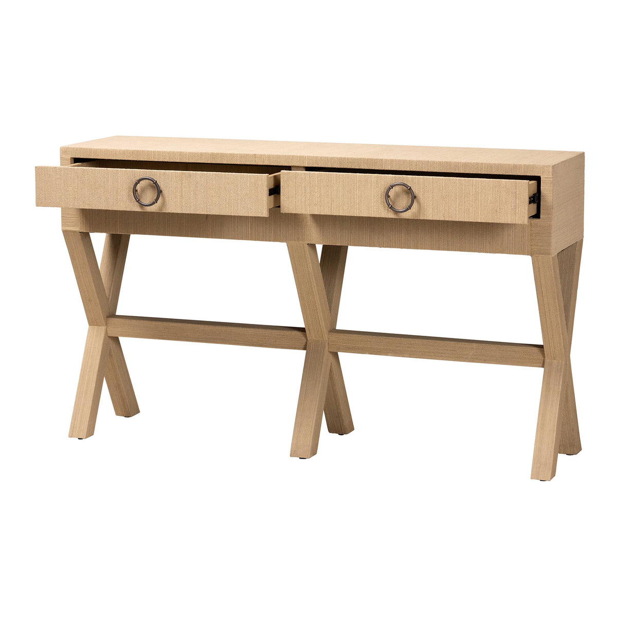 Hilliard Woven Grasscloth 2-Drawer Console Table, Natural Brown