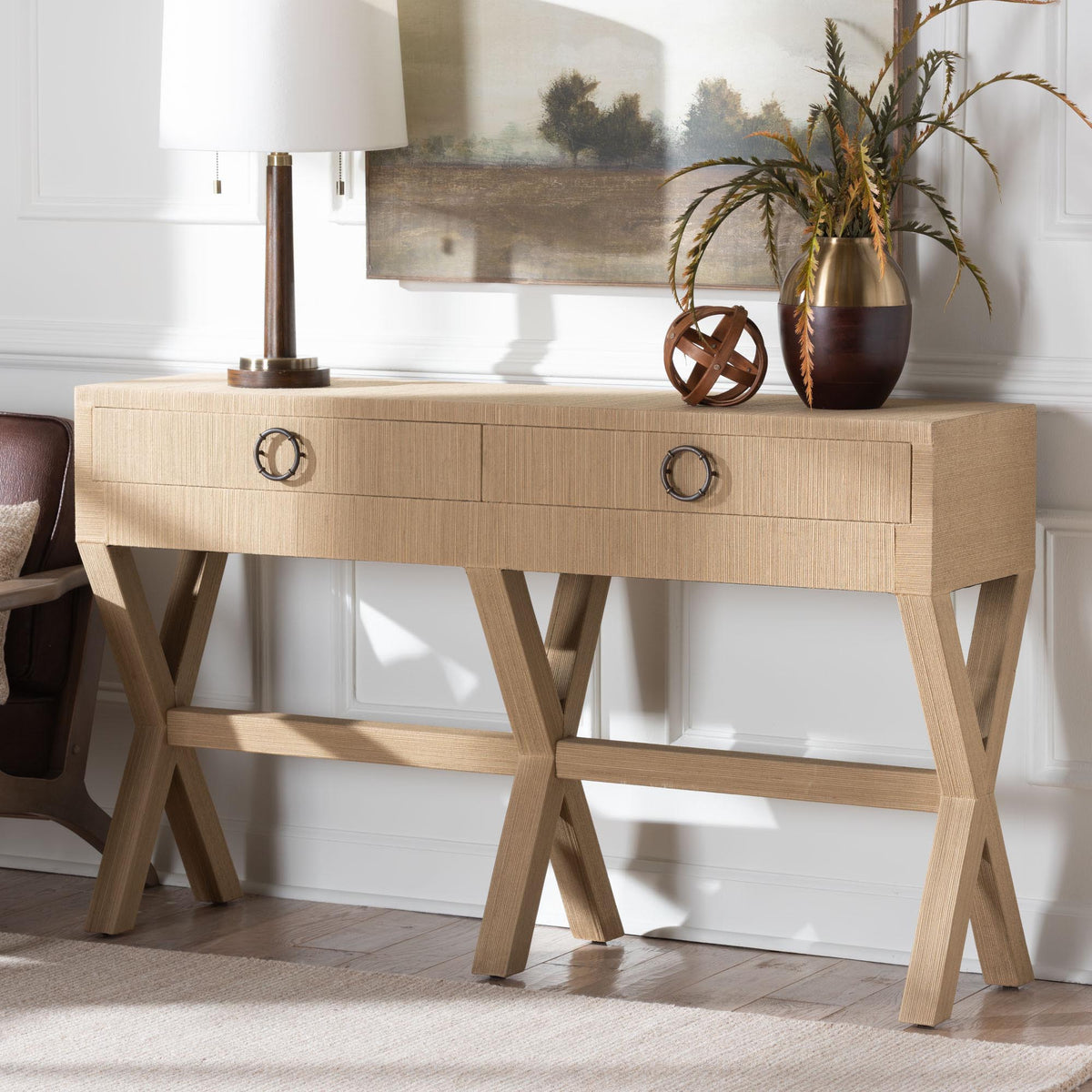 Hilliard Woven Grasscloth 2-Drawer Console Table, Natural Brown