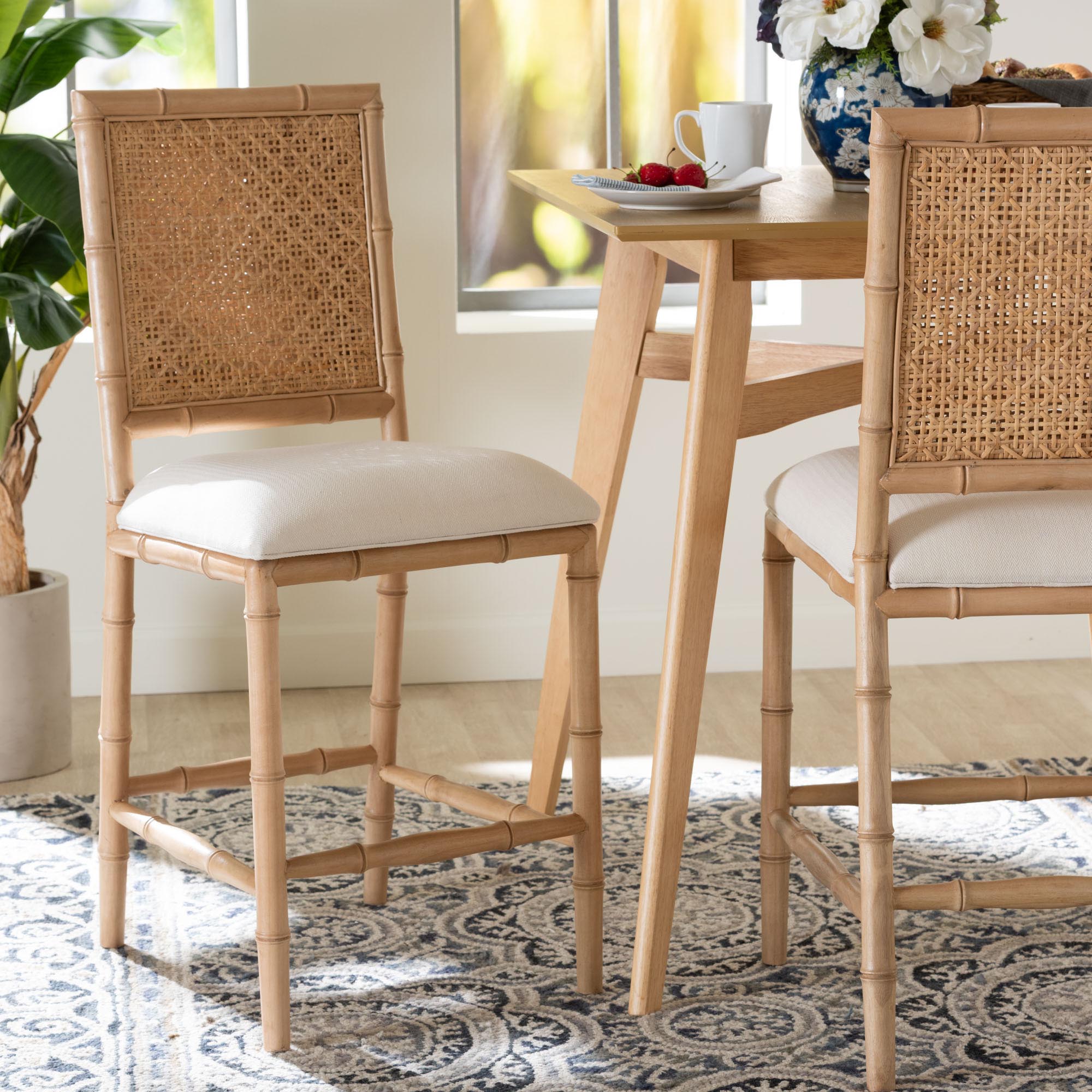 Sandy Counter Stool - Crafted Wood and Natural Rattan Lounge Seating with Bamboo Motif and Upholstered Seat