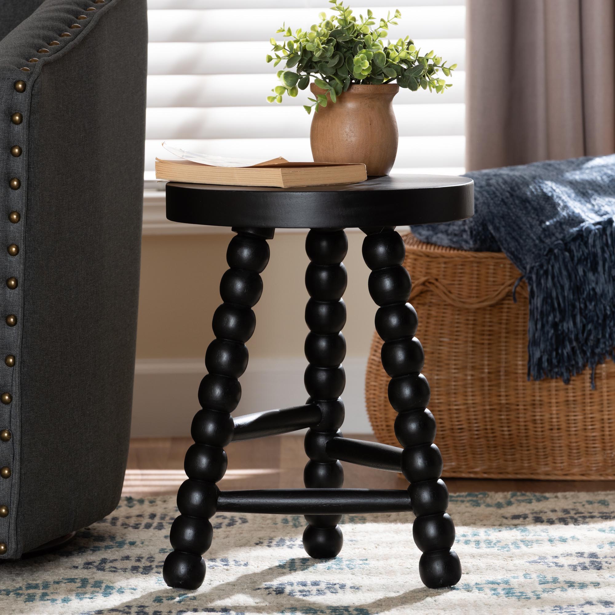 David Acacia Wood Multipurpose Accent Stool - Turned Bobbin Decorative Side ottoman with Tripod Base, Black