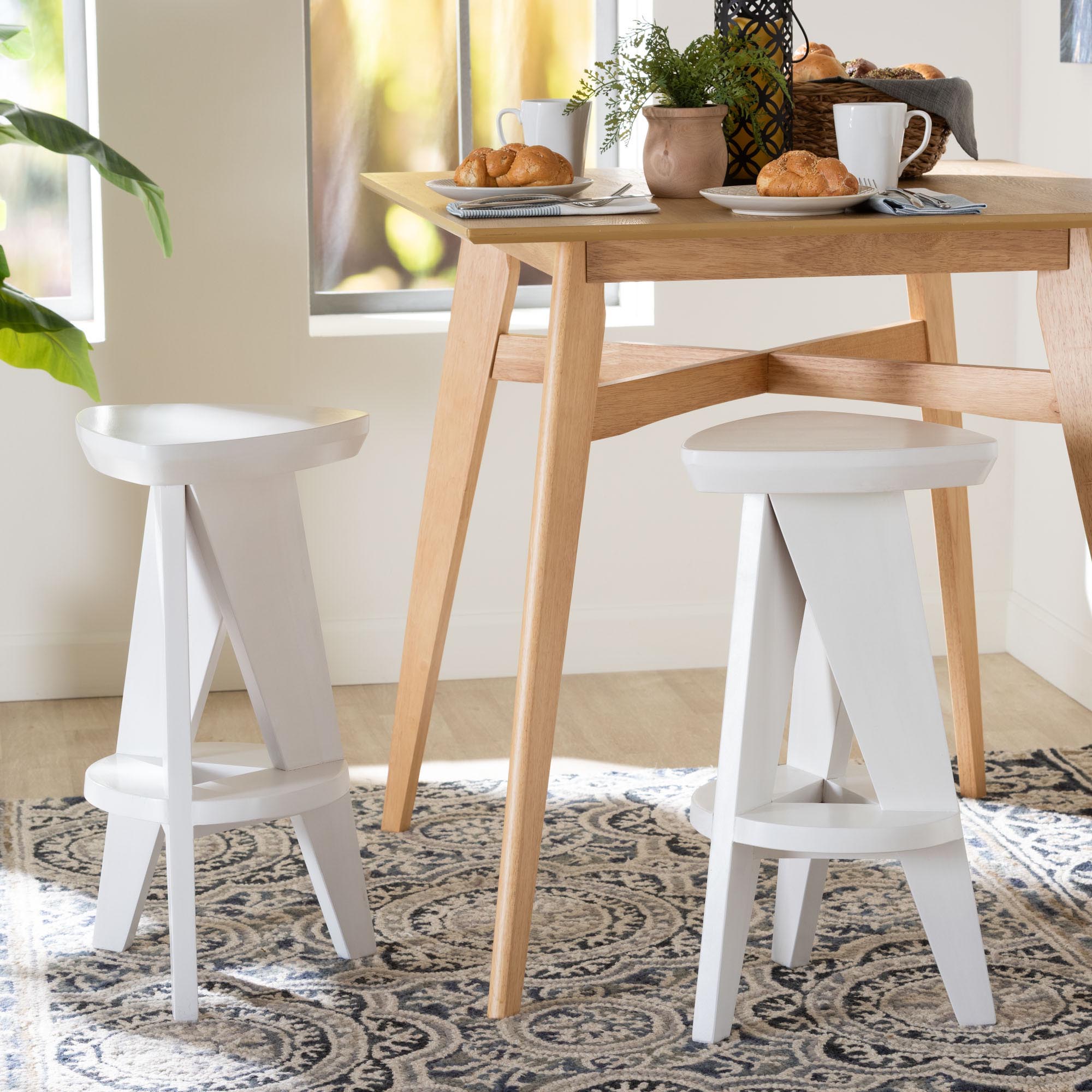 Roy Wood Counter Stool - Sculptural Backless Accent Stool with Geometric Base and Integrated Footrest, White