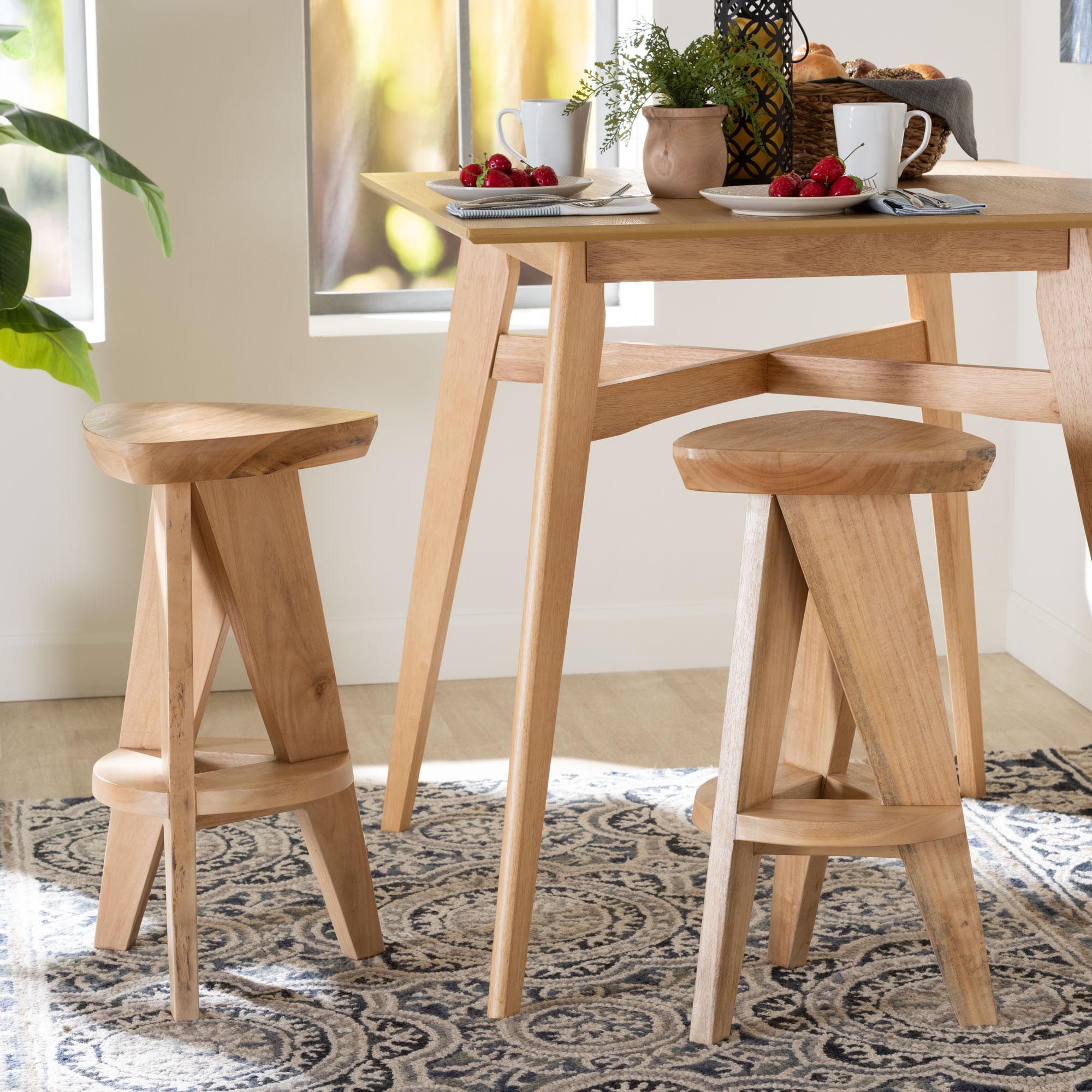 Roy Wood Counter Stool - Sculptural Backless Accent Stool with Geometric Base and Integrated Footrest, Natural Brown