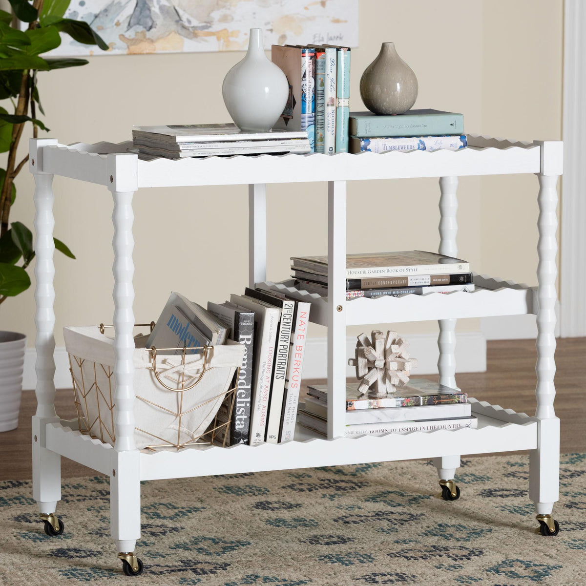 Seamus 3-Tier Book Cart with Bobbin Frame, White