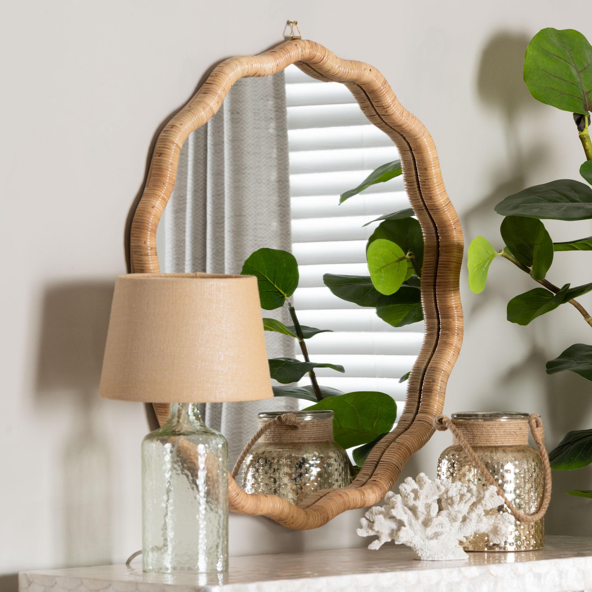 Rasida Natural Rattan Scalloped Wall Mirror - Decorative Hand Wrapped Wicker Accent Mirror