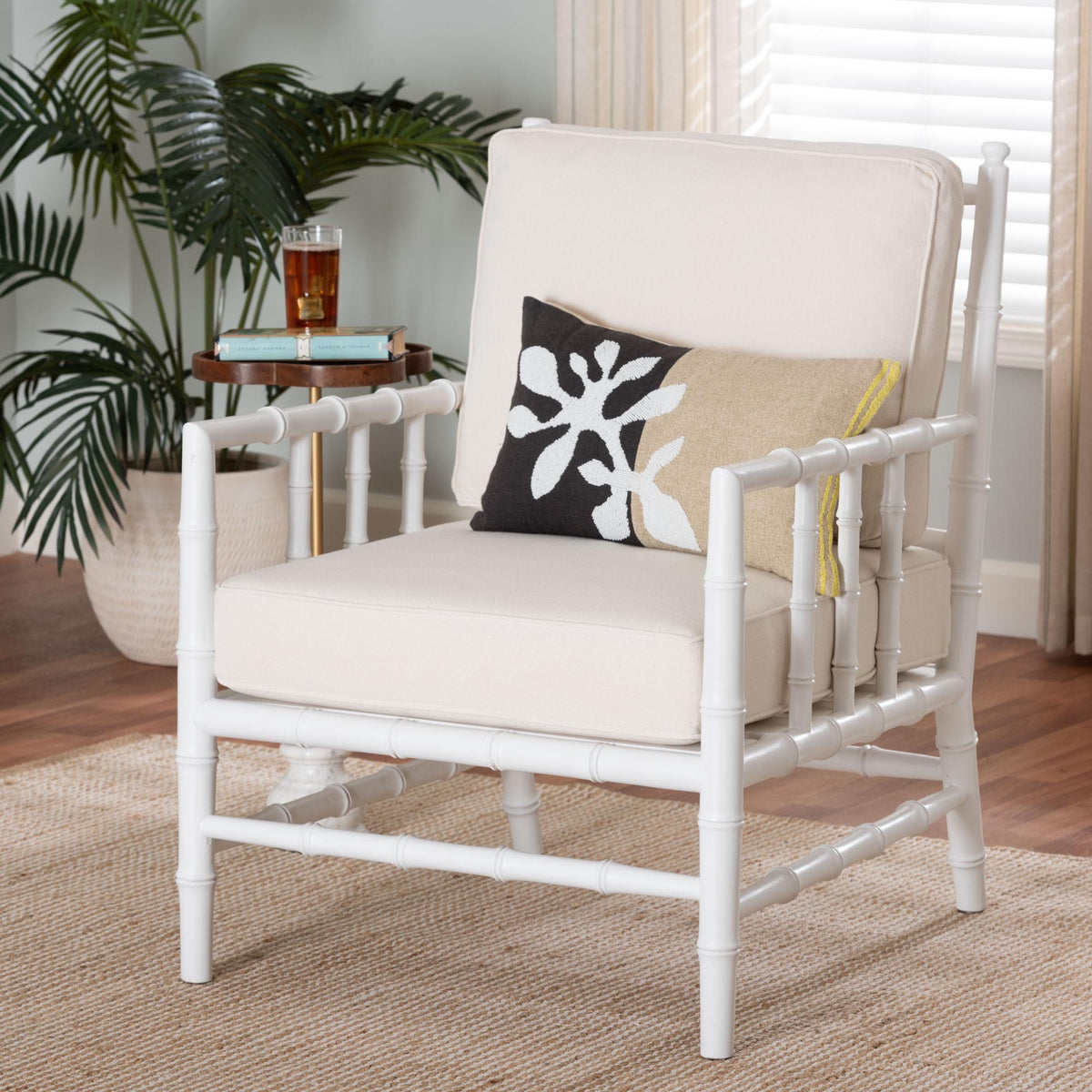 Evita Mahogany Wood Armchair with Bamboo Motif, White