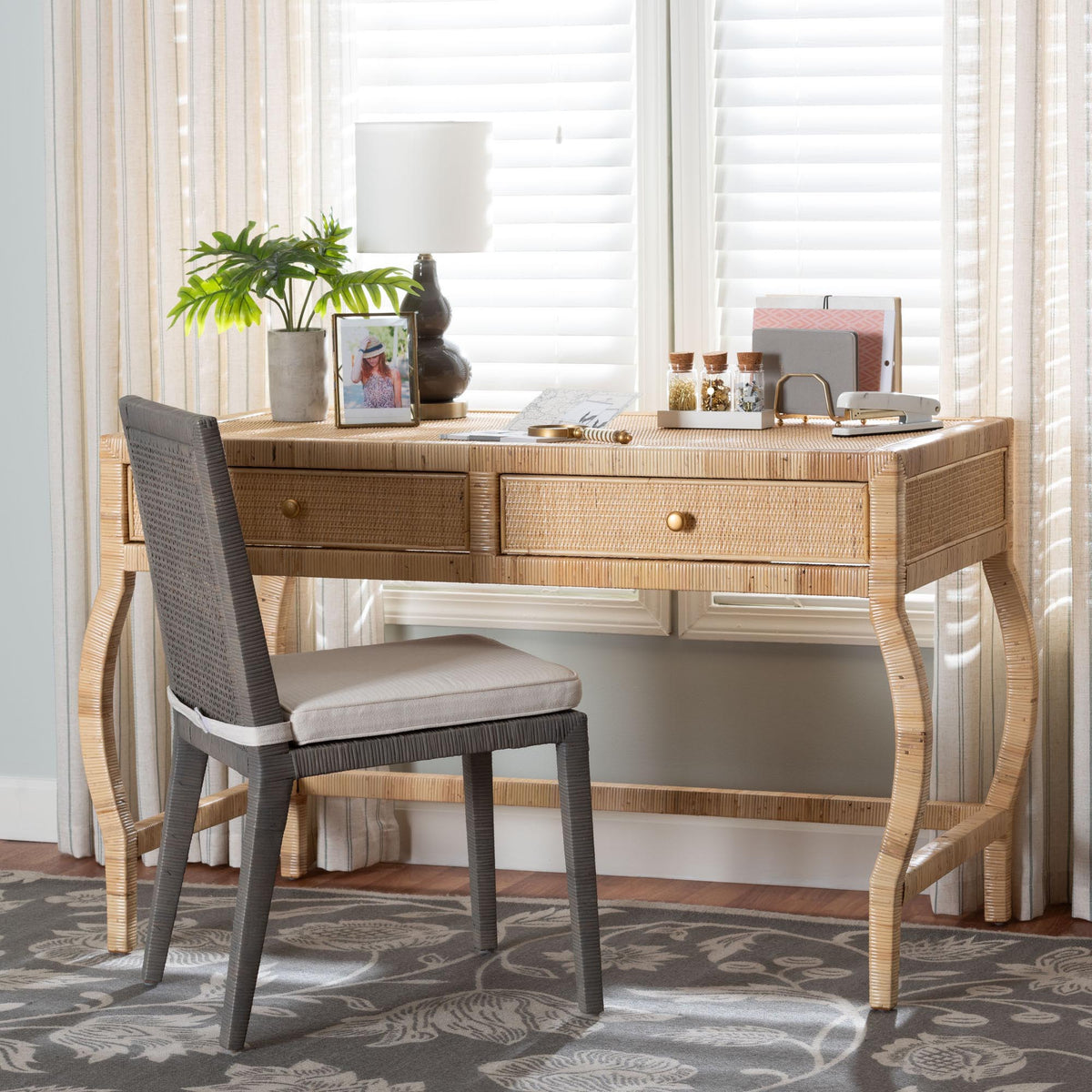 Dalida Natural Rattan Writing Desk with Two Drawers