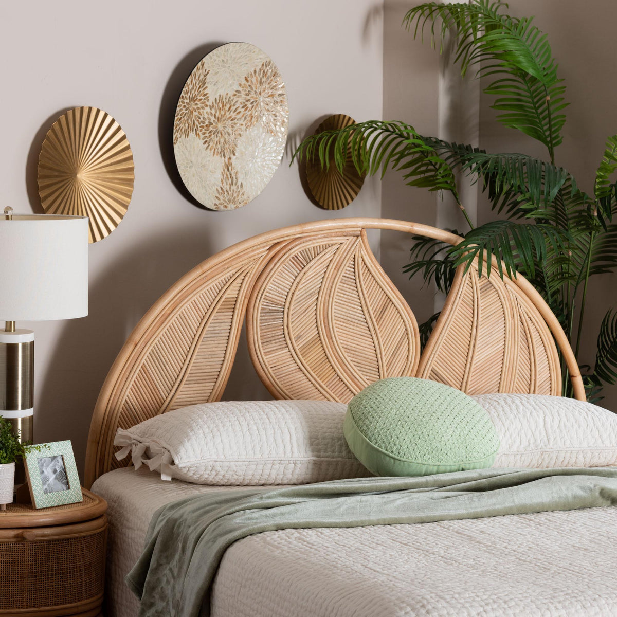 Lifen Natural Rattan Standalone Headboard - Handcrafted Panel Headboard with Leaf Motif, Queen