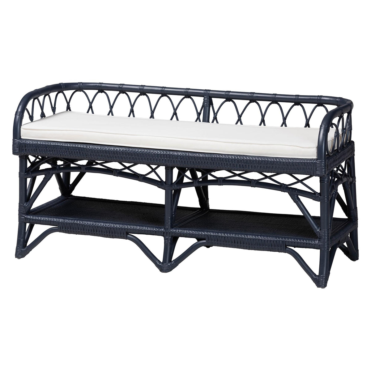 Leryn Natural Rattan Bench with Shelf, Navy Blue