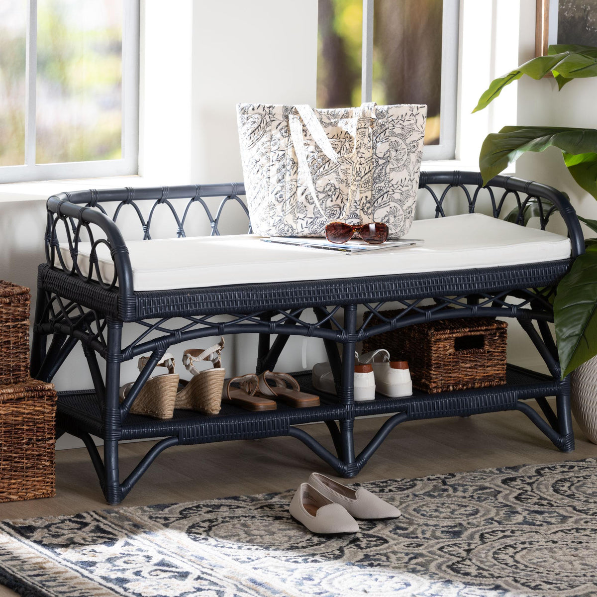 Leryn Natural Rattan Bench with Shelf, Navy Blue