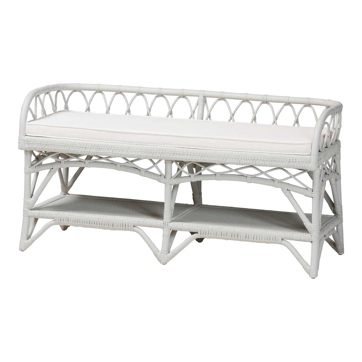 Leryn Natural Rattan Bench with Shelf, White