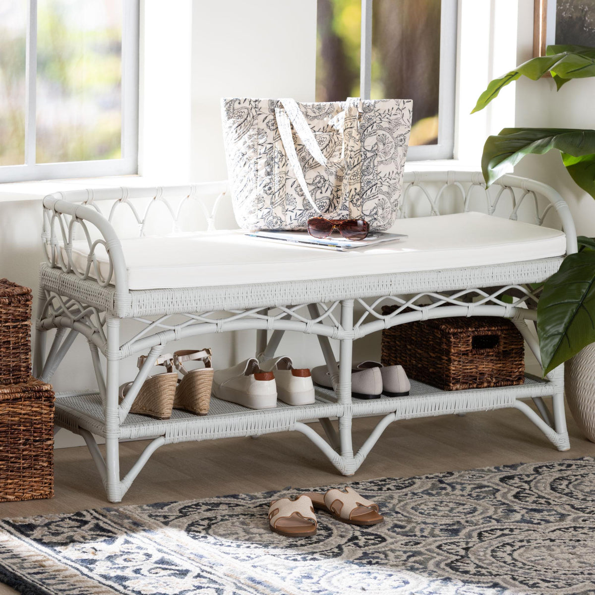 Leryn Natural Rattan Bench with Shelf, White