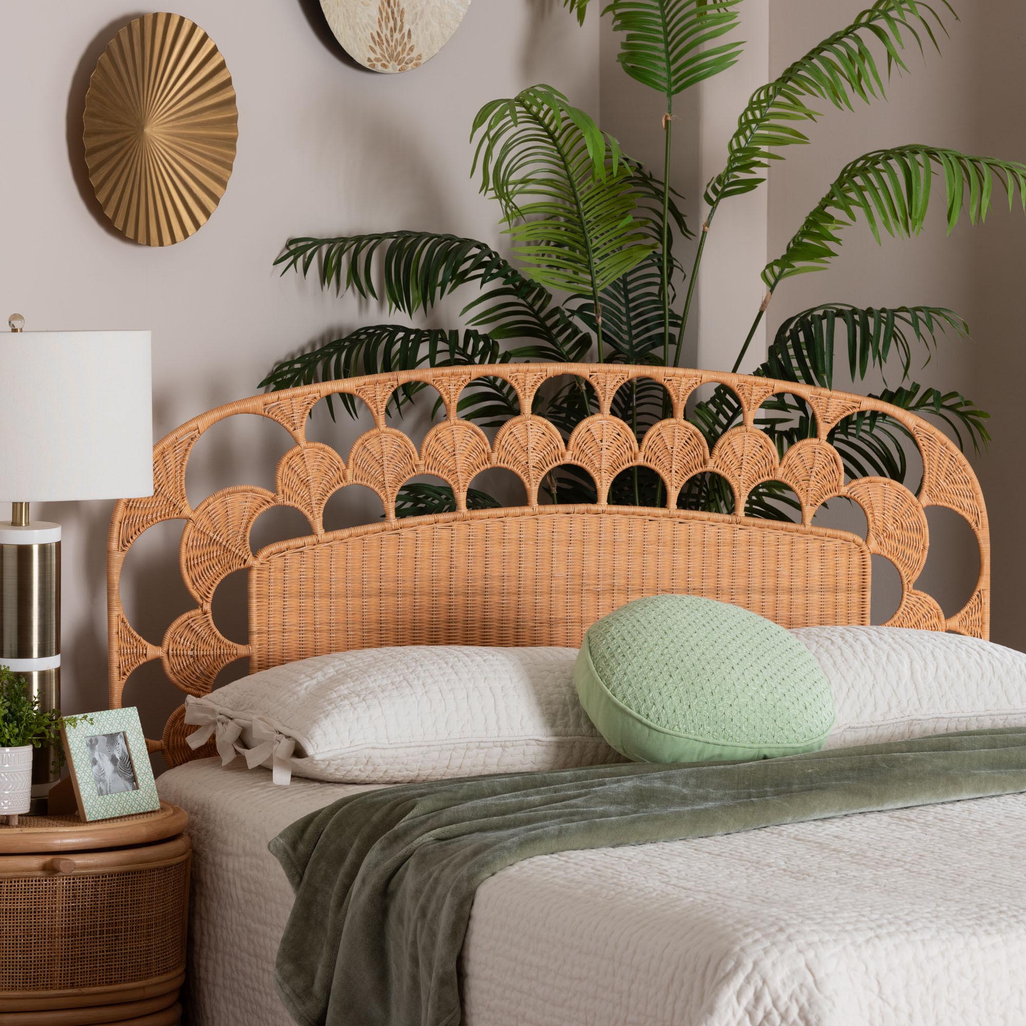 Felician Natural Rattan Standalone Headboard - Handwoven Wicker Panel Headboard with Scalloped Fan Motif, King