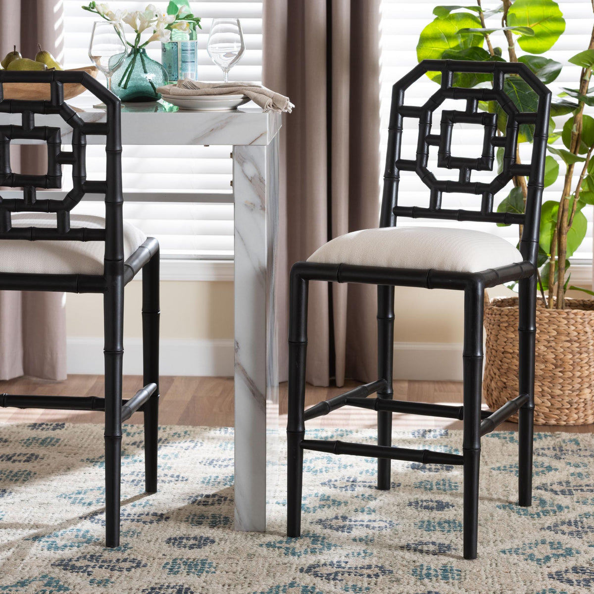 Boone Counter Stool with Chinoiserie Design, Black