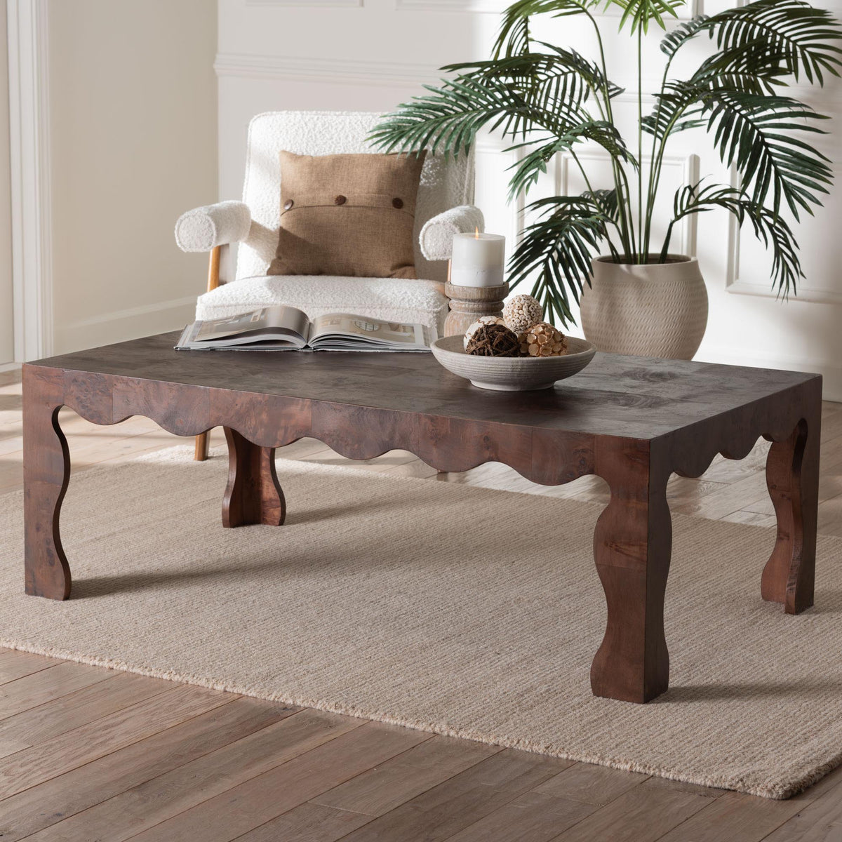 Huxley Real Burl Wood Scalloped Coffee Table, Dark Walnut