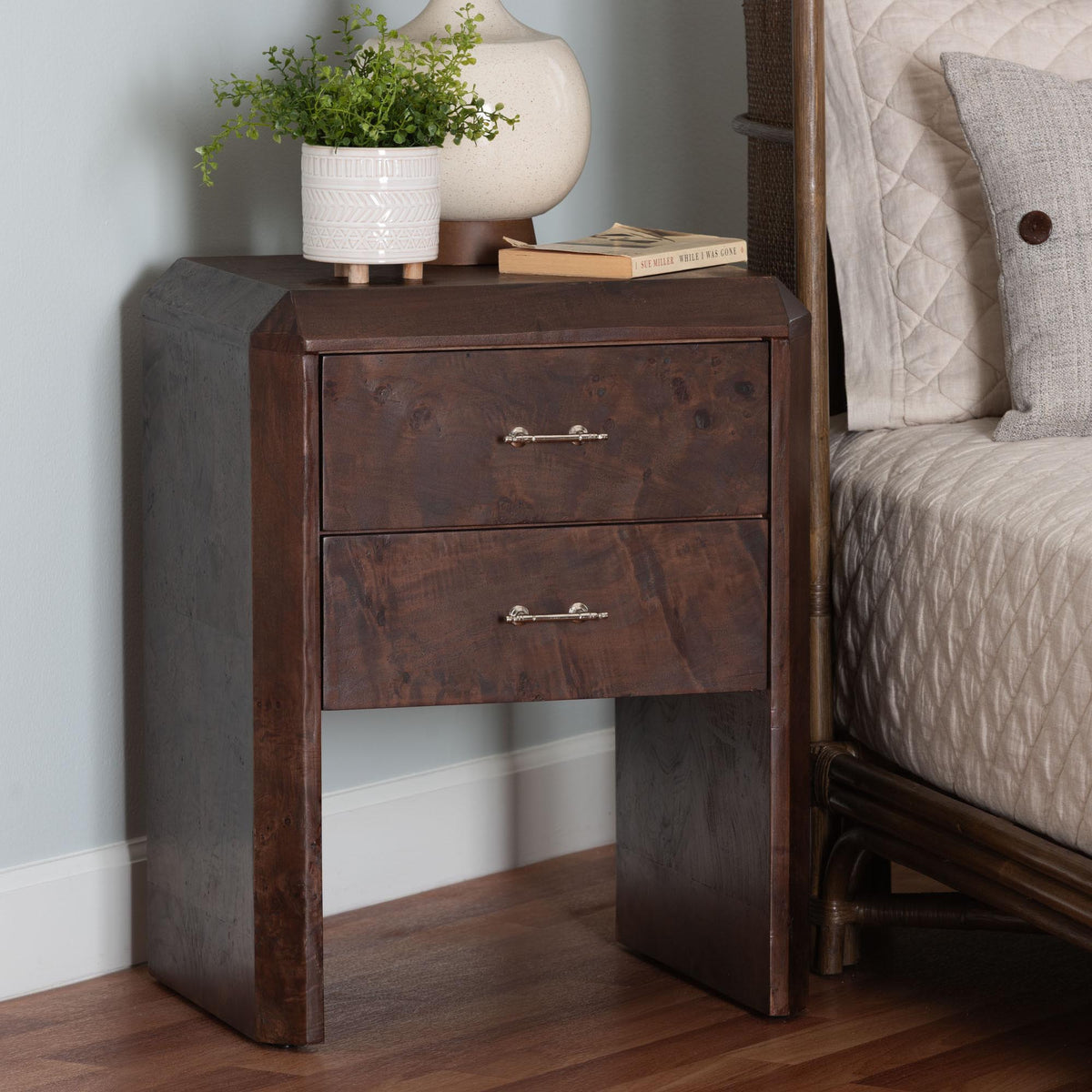 Nebu Real Burl Wood 2-Drawer Nightstand, Dark Walnut