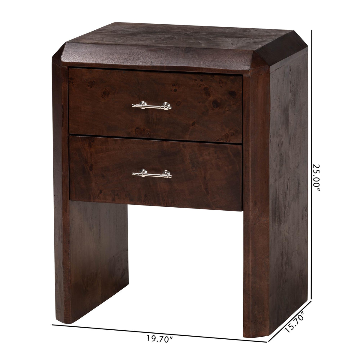 Nebu Real Burl Wood 2-Drawer Nightstand, Dark Walnut