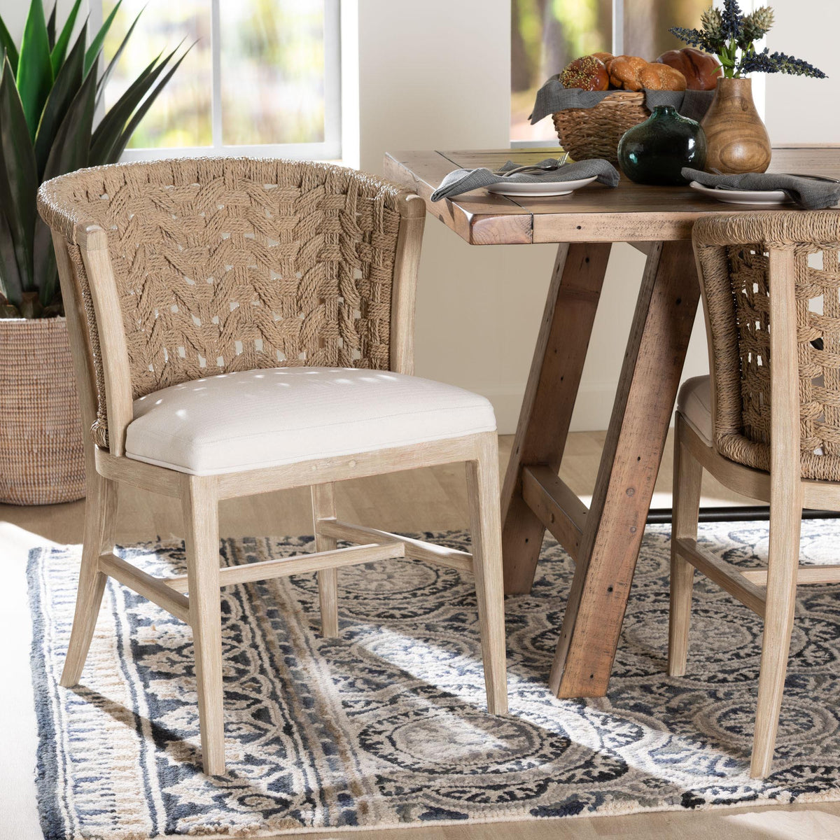Vellon Woven Seagrass and White Wash Mahogany Wood Dining Chair
