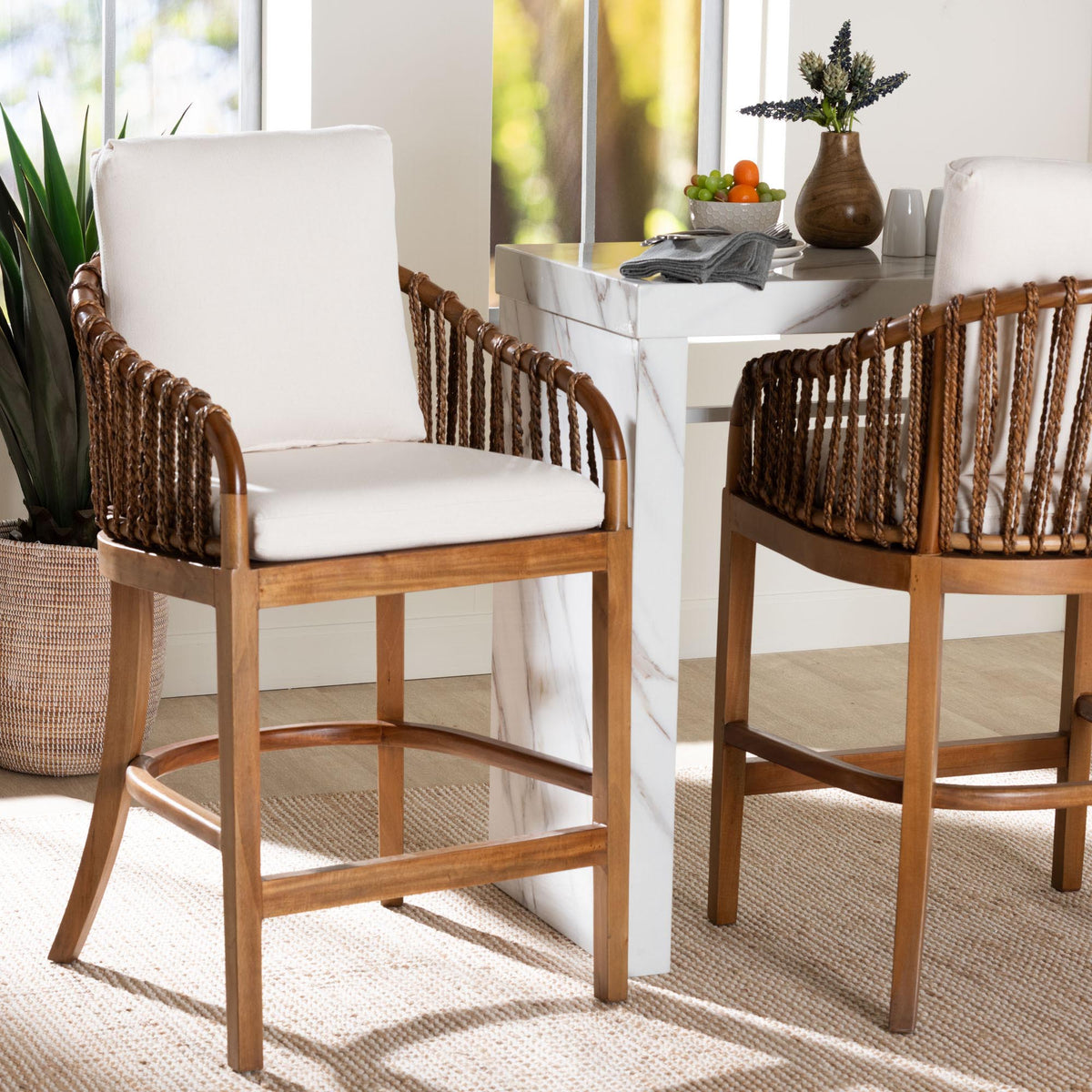 Varen Seagrass and Mahogany Wood Counter Stool