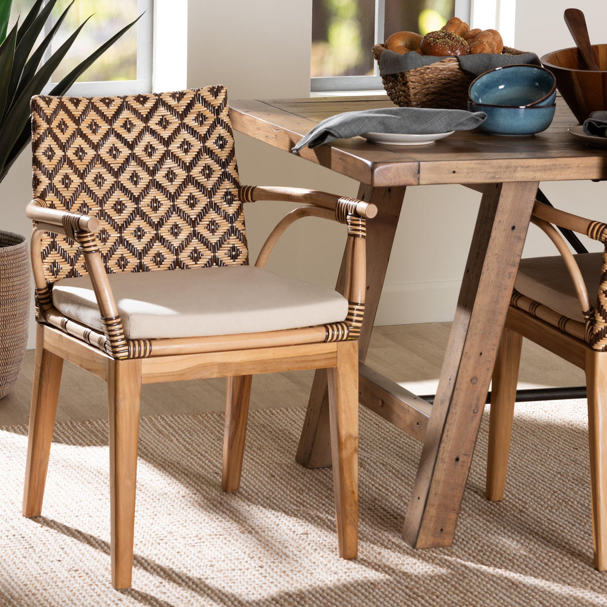 Storsel Natural Rattan and Teak Wood Dining Chair, Two-Tone Brown
