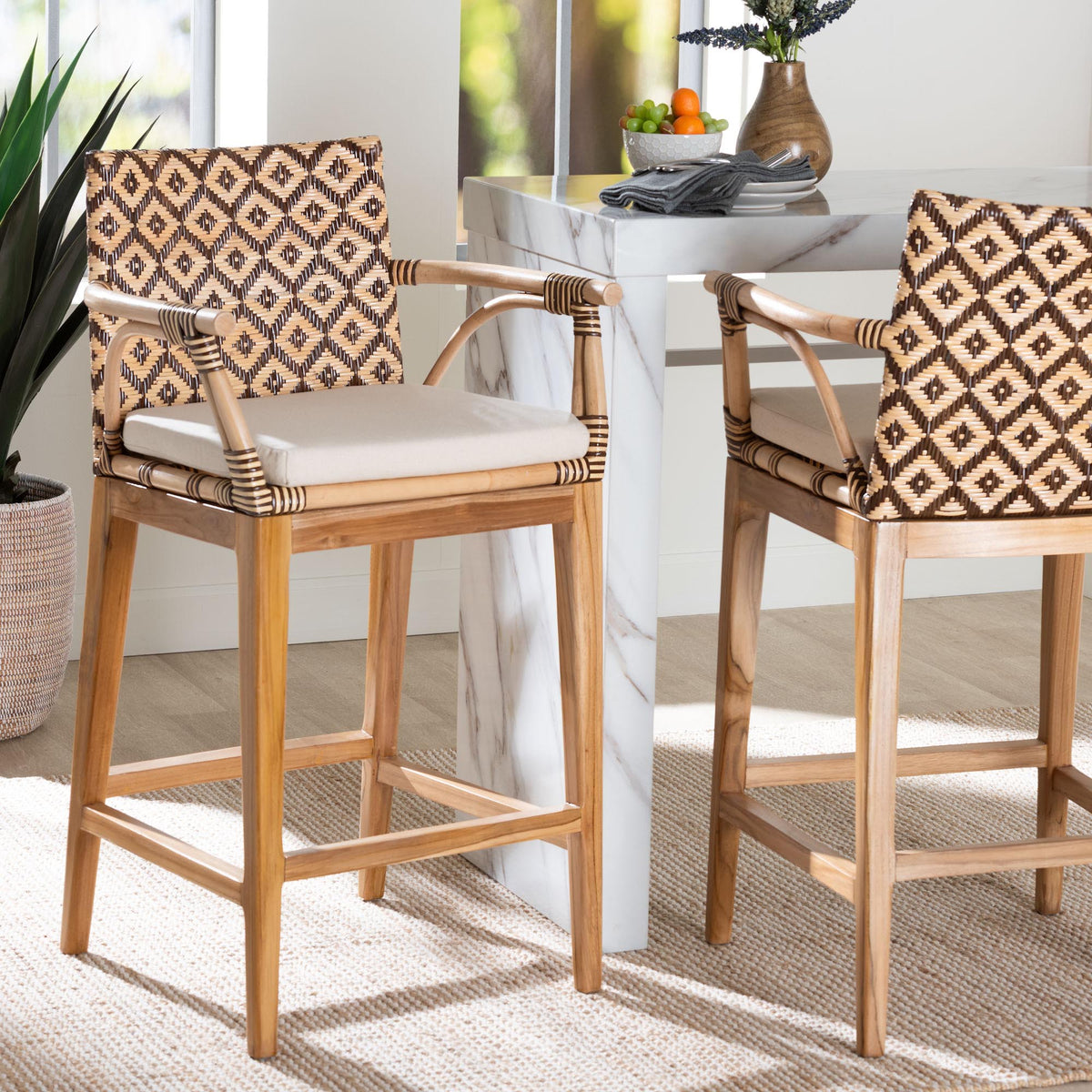 Storsel Natural Rattan and Teak Wood Counter Stool, Two-Tone Brown