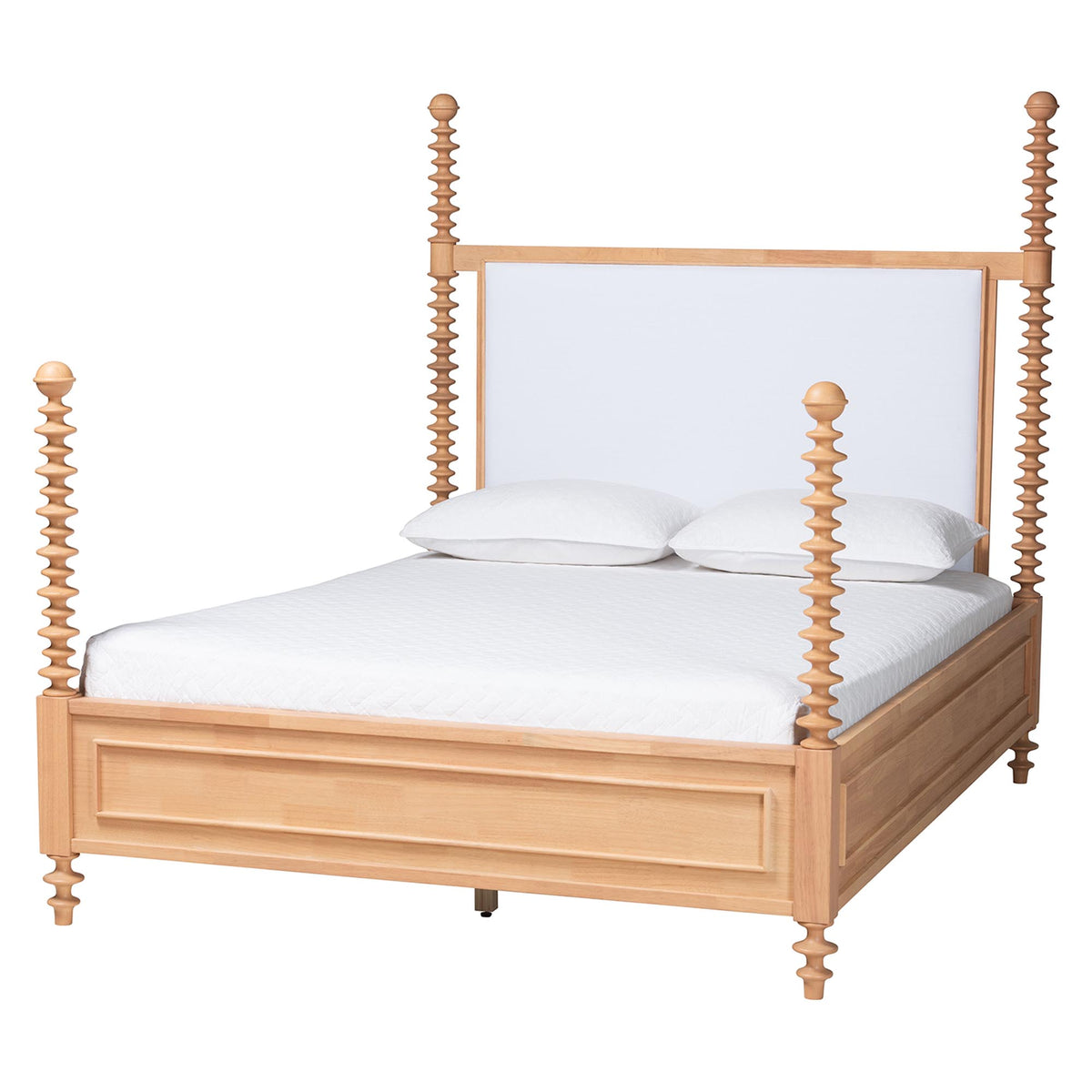 Aleda Four Poster Bed with Upholstered Headboard, King, Beech Brown