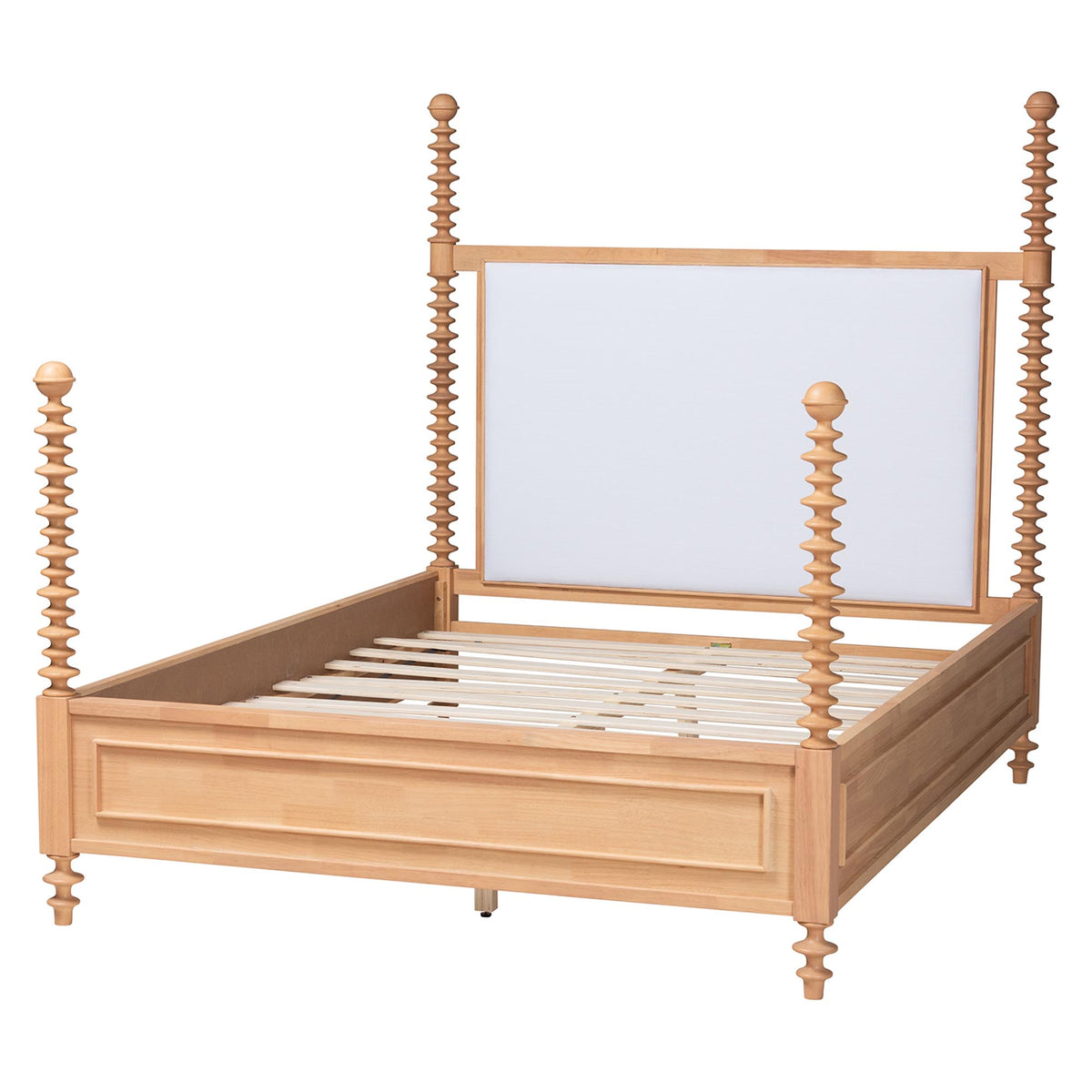 Aleda Four Poster Bed with Upholstered Headboard, Queen, Beech Brown