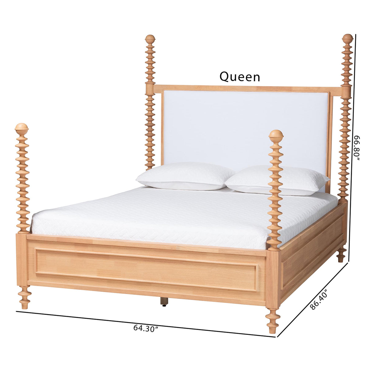 Aleda Four Poster Bed with Upholstered Headboard, Queen, Beech Brown