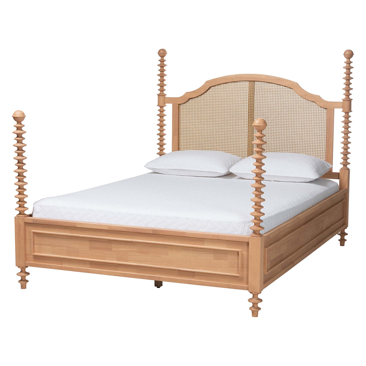 Neviah Four Poster Bed with Woven Rattan Headboard, Queen, Beech Brown