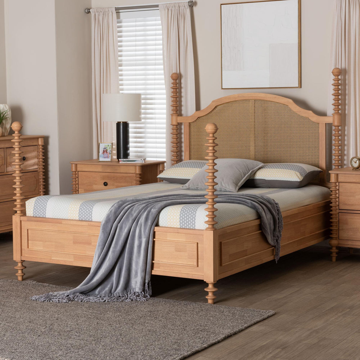 Neviah Four Poster Bed with Woven Rattan Headboard, Queen, Beech Brown