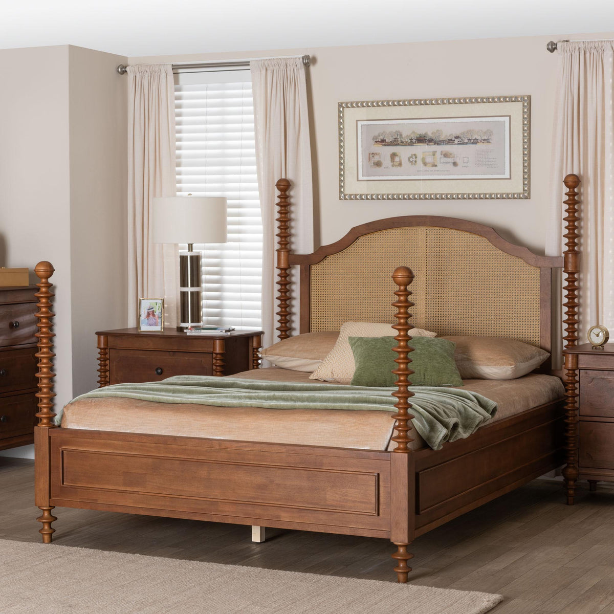 Neviah Four Poster Bed with Woven Rattan Headboard, King, Walnut Brown