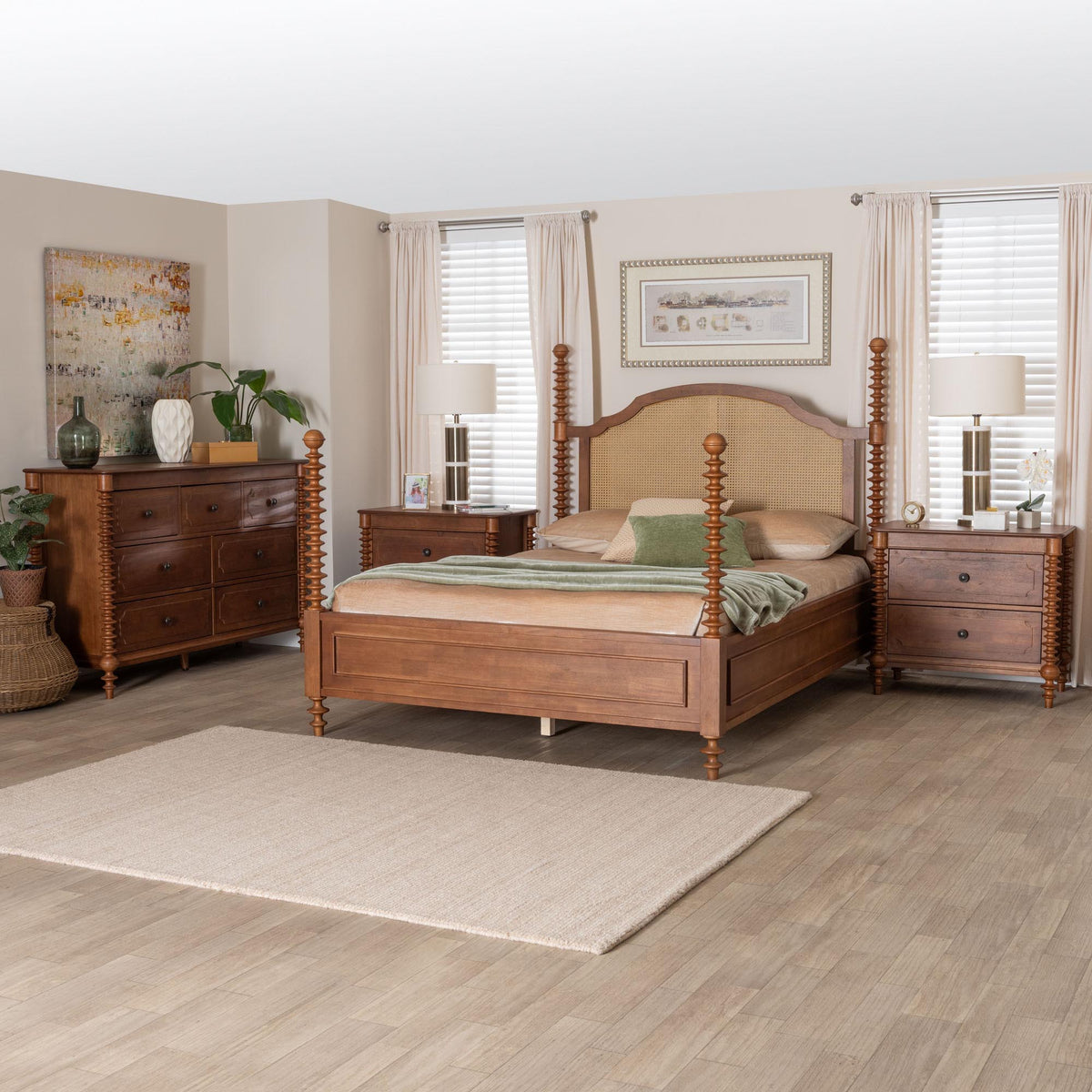 Neviah 4-Piece Bedroom Set with 2-Drawer Nightstands, Queen, Walnut Brown