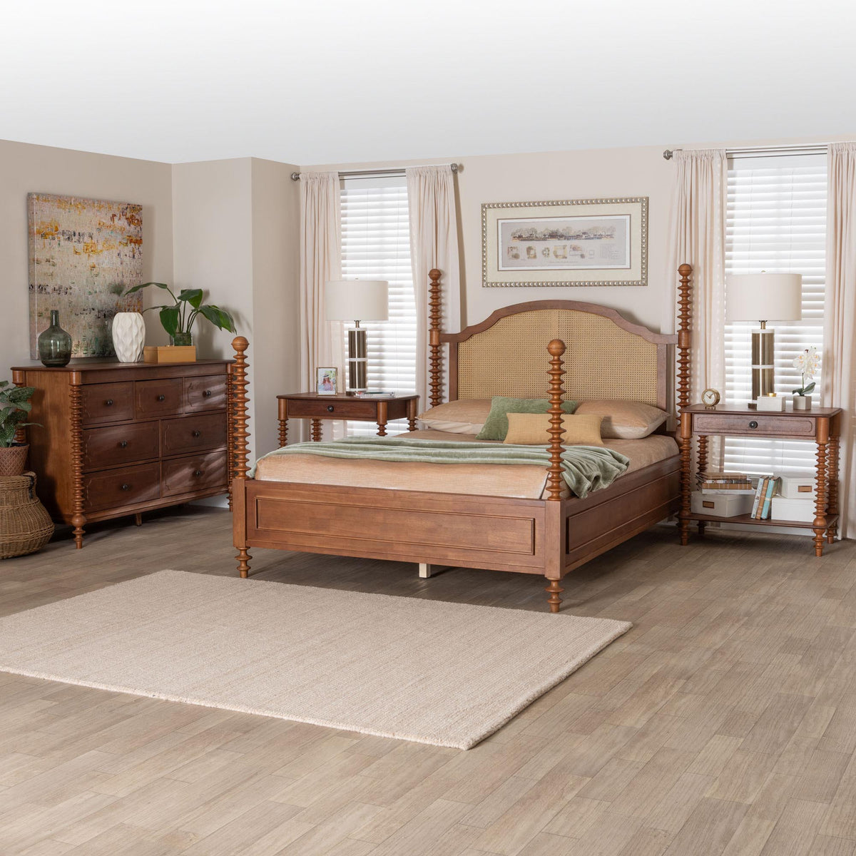 Neviah 4-Piece Bedroom Set with 1-Drawer Nightstands, King, Walnut Brown