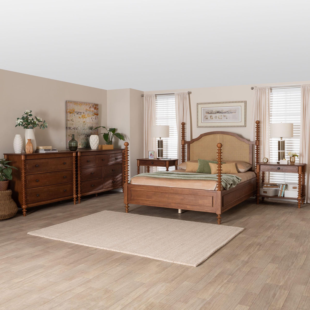 Neviah 5-Piece Bedroom Set with 1-Drawer Nightstands, Queen, Walnut Brown