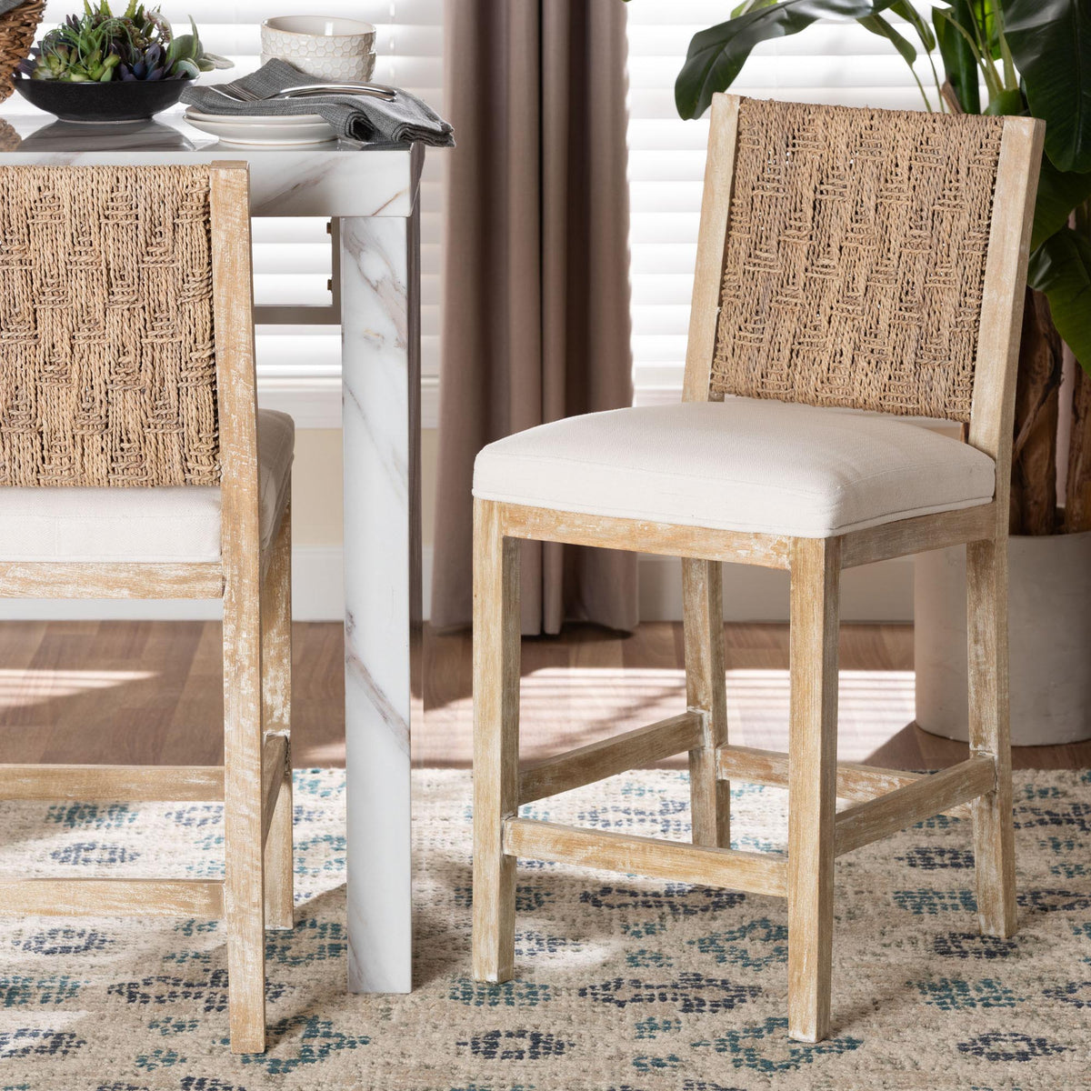 Rivermont Counter Stool with Seagrass Backrest, Whitewash