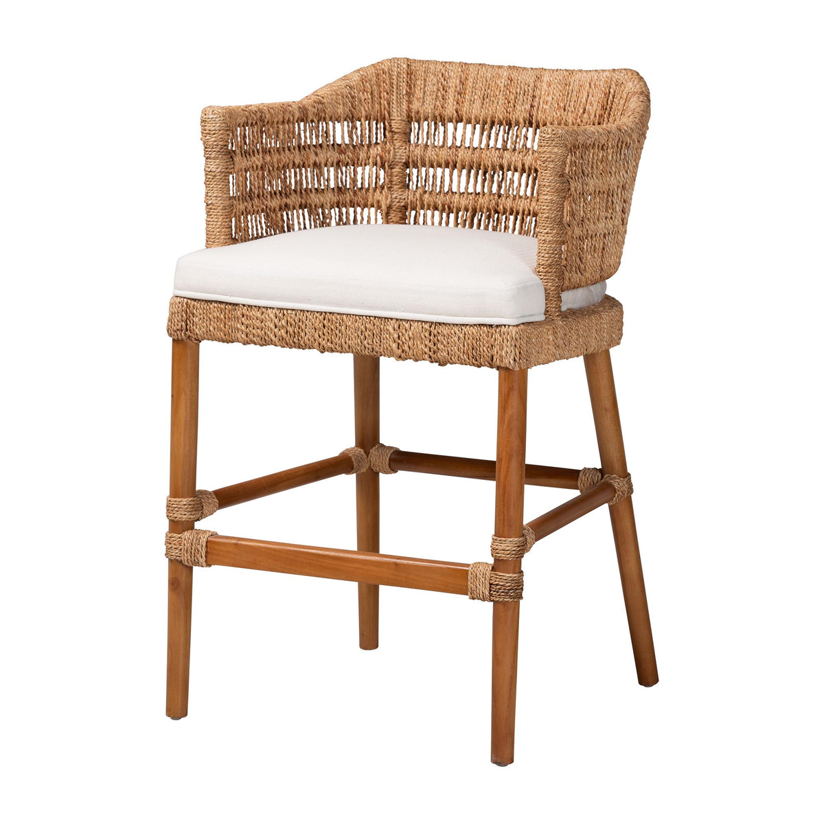 Cana Mahogany Wood and Seagrass Counter Stool, Light Brown