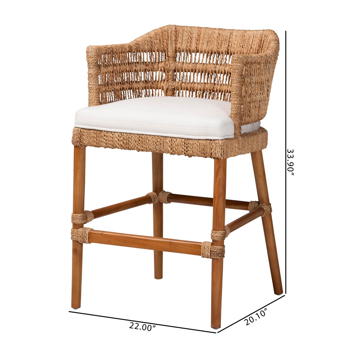 Cana Mahogany Wood and Seagrass Counter Stool, Light Brown