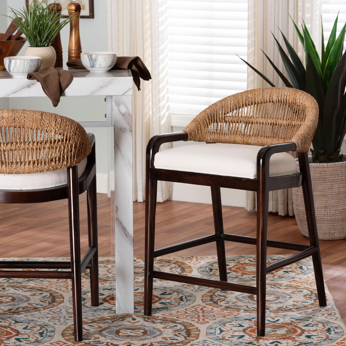 Vero Mahogany Wood and Seagrass Counter Stool, Dark Brown