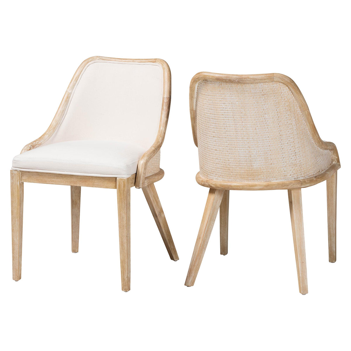 Calloway Mahogany Wood and Natural Rattan 2-Piece Dining Chair Set, Whitewash
