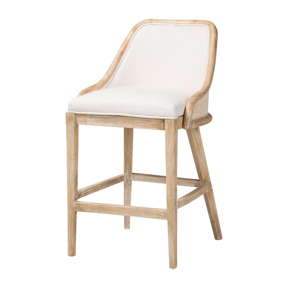 Calloway Mahogany Wood and Natural Rattan Counter Stool, Whitewash