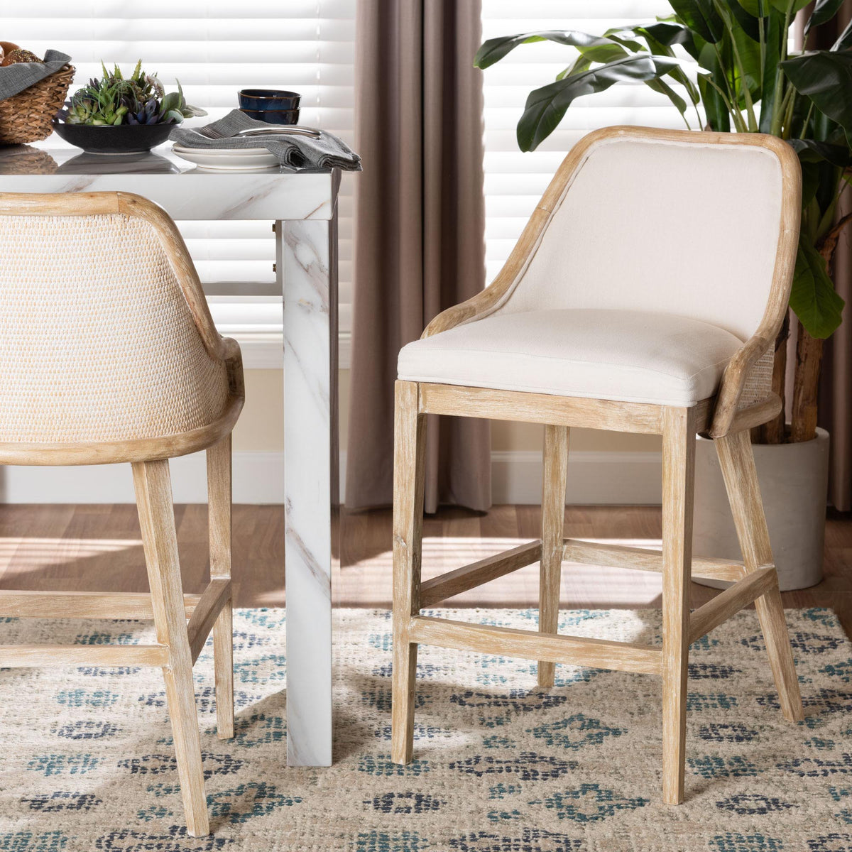 Calloway Mahogany Wood and Natural Rattan Counter Stool, Whitewash